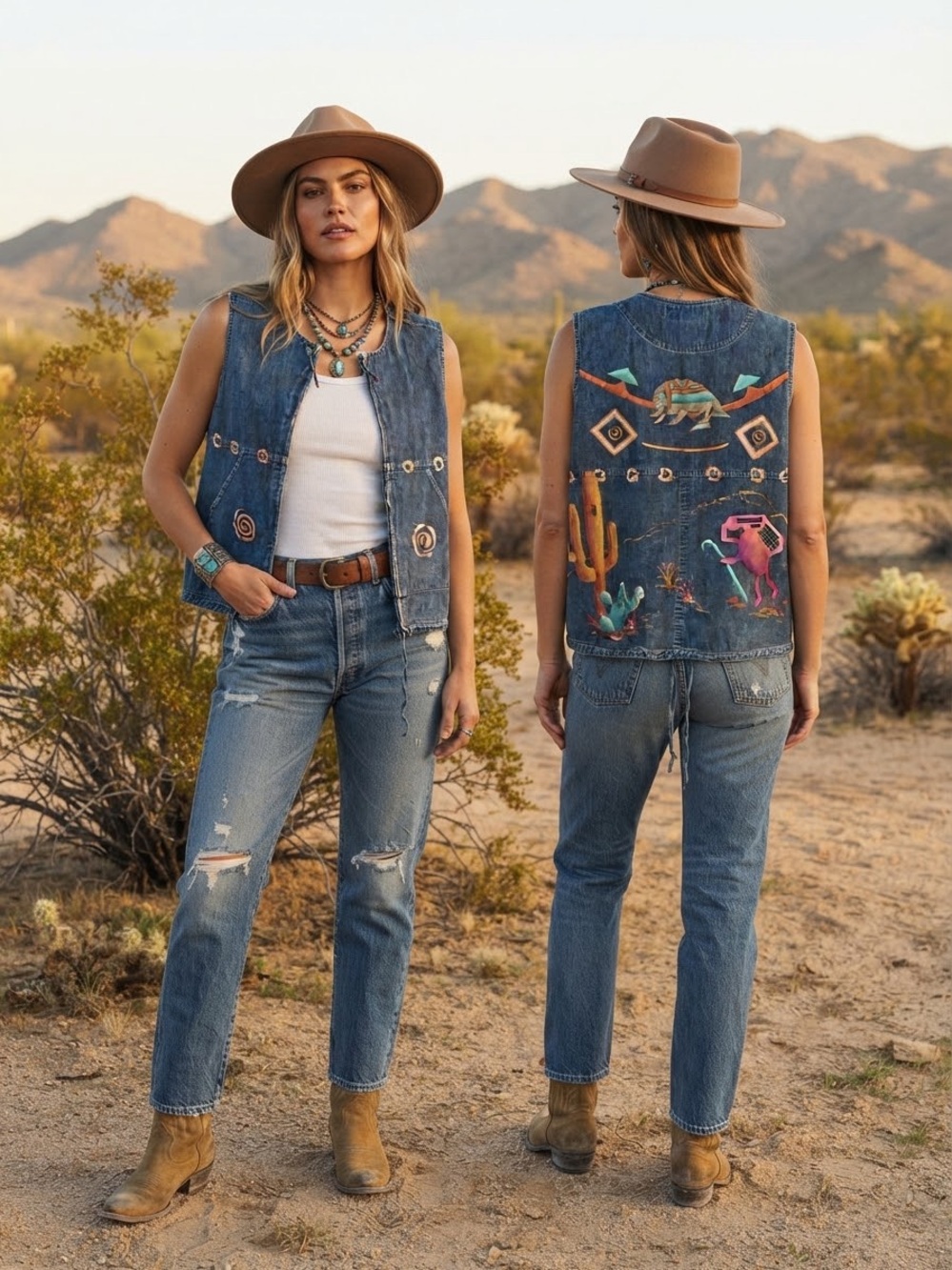 VTG 90s Marisa Christina Hand Painted Desert Cactus Denim Zip Vest Size L